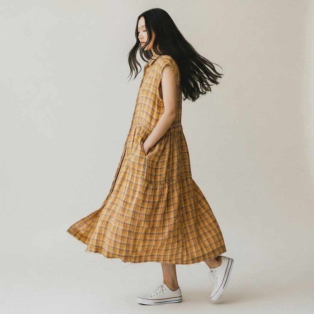 Free People Isabelle Plaid Maxi Shirt Dress Duster Yellow Sleeveless Boho Sm NWT